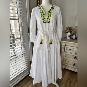 Kate Spade Embroidered lemon tie waist linen shirt dress size XXS EUC
